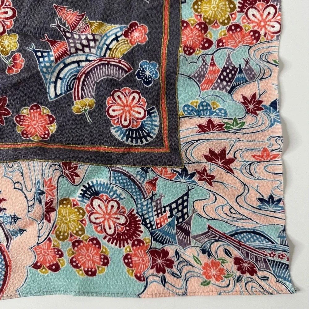 Ryukyu Bingata Japanese Square Scarf Silk Rayon Black Pink‎ Floral Spring 27x27